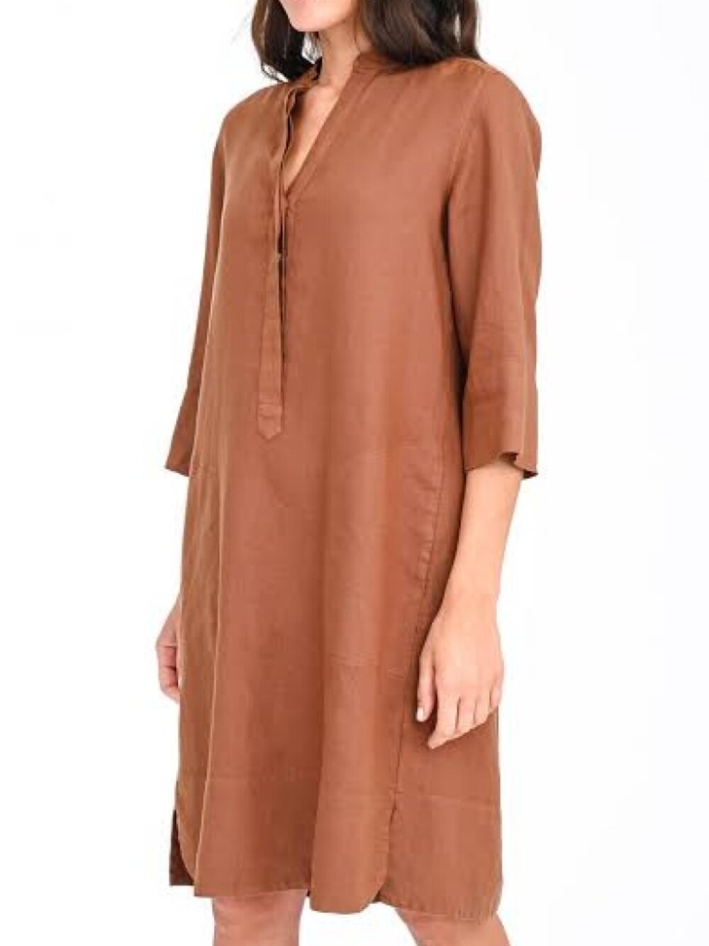 Rosso35 Cognac Tan Brown Linen ¾ Sleeve Mini Shirt Dress